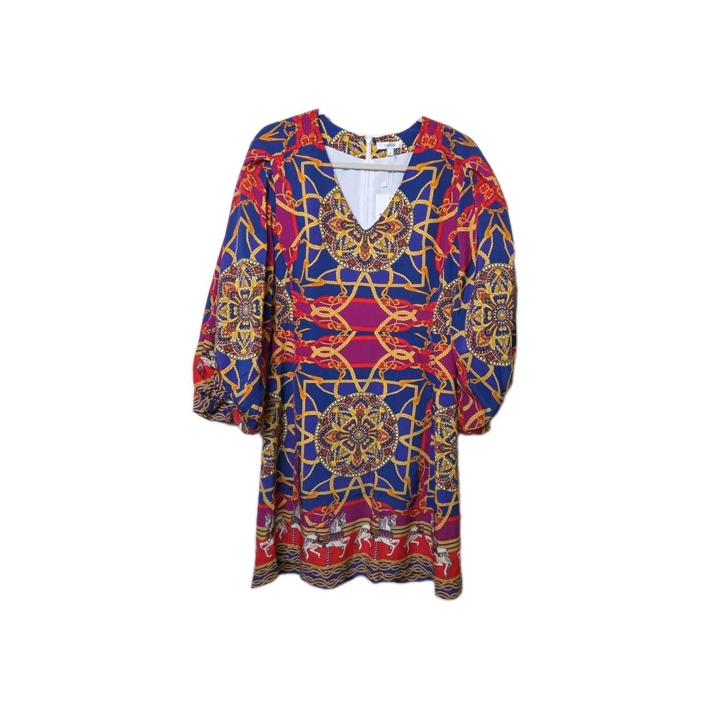 NEW Tyler Boe 100% Silk Equestrian Medallion Dress Horses Puff Sleeves Sz 8 $337